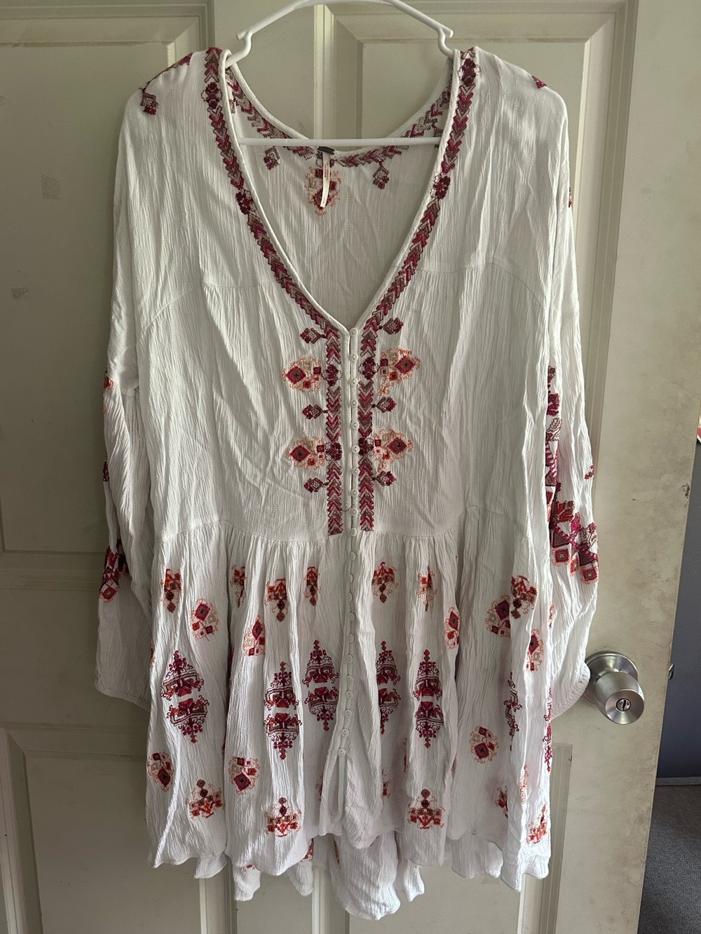 Free People White Embroidered V-Neck Boho Dress